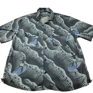 OUTER KNOWN Mens XXL Short Sleeve Button Down Shirt Surfer‎ Wave Print Grey Blue